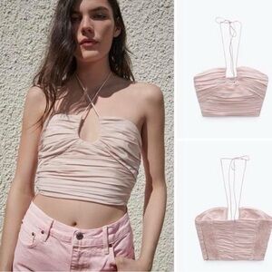 NWT Zara Ruched Halter Crop Top Blush Pink Strapless Corset Bustier Y2K Party